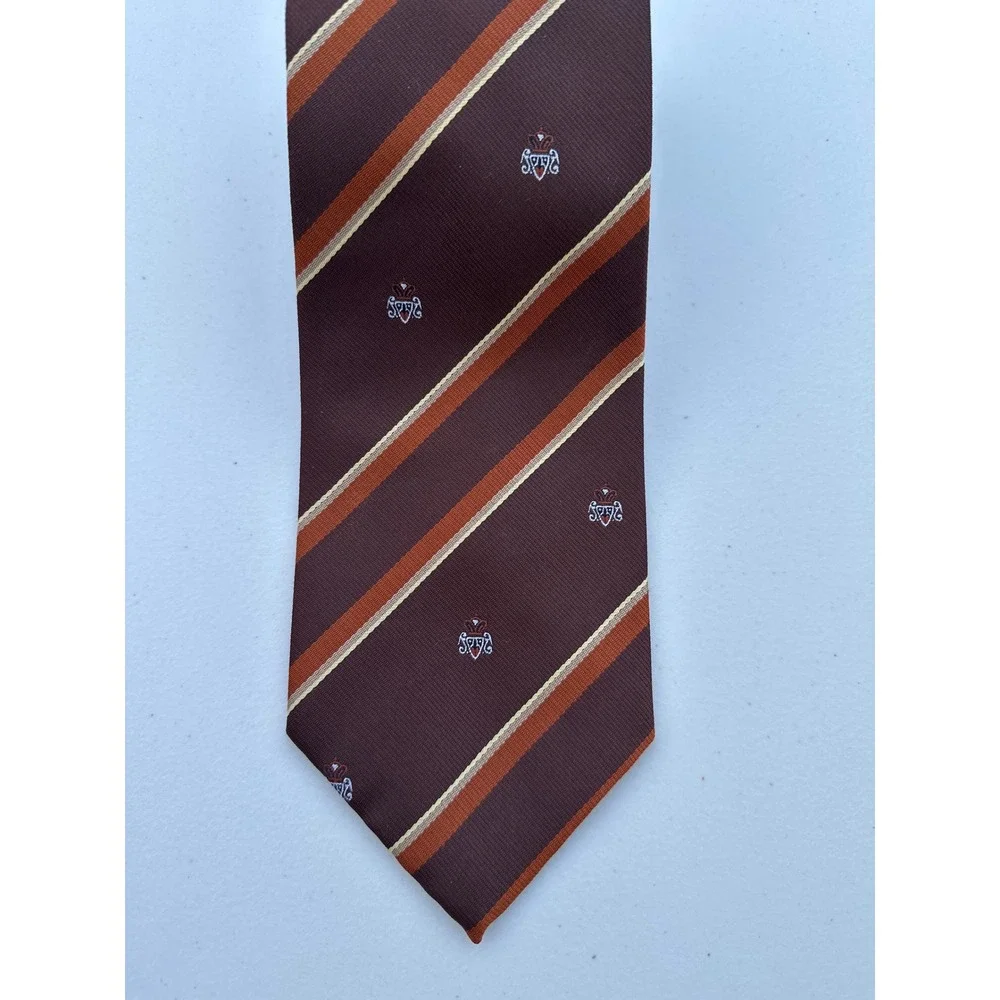 Wembley Mens Vintage Striped Crest Necktie Brown Orange‎ Wide Silk Blend Tie